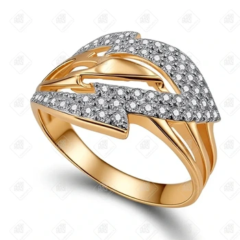 Кольцо Листочек с фианитами, золото 585 (14K), вес 2.54 г.