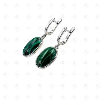 Серьги с малахитом , серебро II категория 925, вес 9.95 г.