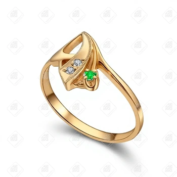 Кольцо с бриллиантами и изумрудом (2БР КР57 0.05ct 4/5А), золото 585 (14K), вес 2.41 г.