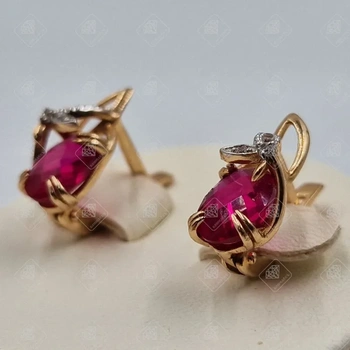 Серьги с Корундом рубина, золото 585 II Категория, вес 3.01 г.