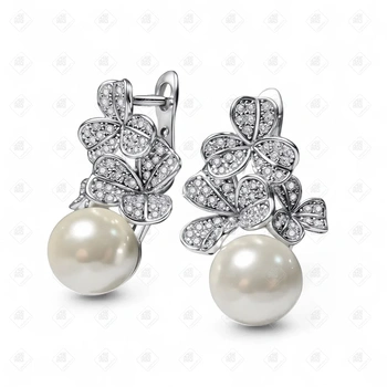 Серьги с фианитами и жемчугом , серебро I категория 925, вес 7.87 г.