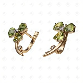 Серьги с хризолитами и фианитами, золото 585 (14K), вес 4.57 г.