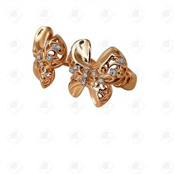 Пусеты-бабочки с фианитами, золото 585 (14K), вес 2.36 г.