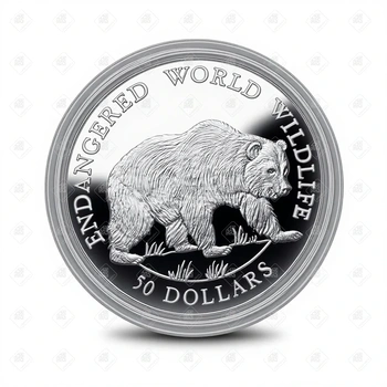 Острова Кука 50 долларов 1990 г. (Вымирающие виды - Гризли) (Proof), серебро I категория 925, вес 19.2 г.
