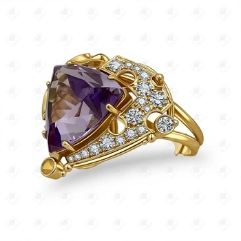 Кольцо с аметистом, бриллиантами и жёлтым сапфиром , золото 750 (18K), вес 12.89 г.