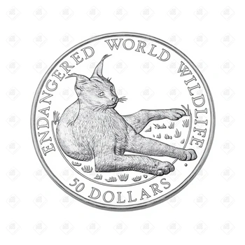 Острова Кука 50 долларов 1990 (Вымирающие виды - Рысь) (Proof), серебро I категория 925, вес 19.2 г.