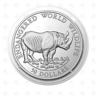 Острова Кука 50 долларов 1990 г. (Вымирающие виды - Носорог) (Proof), серебро I категория 925, вес 19.2 г.