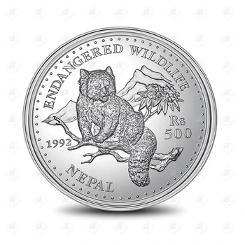 Непал, 500 рупий 1992 (Исчезающая дикая природа, Красная панда (Fire Fox), серебро, фауна), серебро I категория 925, вес 31.47 г.