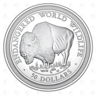 Монета Острова Кука 50 долларов 1990 ( Вымирающие виды - Бизон) (Proof), серебро I категория 925, вес 19.2 г.