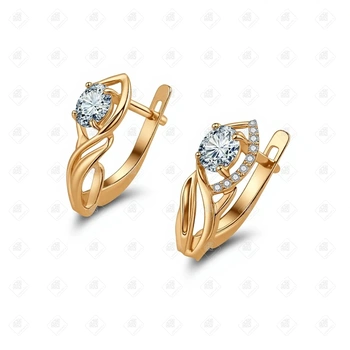 Серьги с фианитами, золото 585 II Категория, вес 2.36 г.