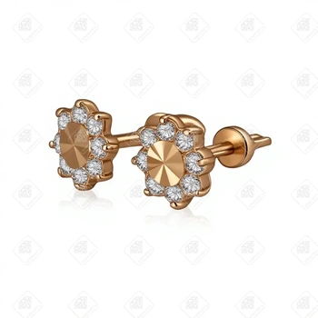 Серьги пусеты с фианитами, золото 585 (14K), вес 1.44 г.