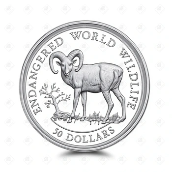 Острова Кука 50 долларов 1990 (Защита дикой природы - Баран) (Proof), серебро I категория 925, вес 19.2 г.