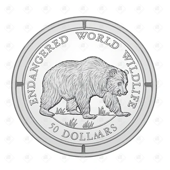 Острова Кука 50 долларов 1990 г. (Вымирающие виды - Гризли) (Proof), серебро 999, вес 19.8 г.