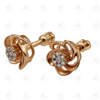 Серьги Роза с фианитами, золото 585 II Категория, вес 2.26 г.