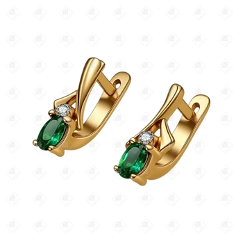 Серьги с гидротермальными изумрудами и фианитами, золото 585 II Категория, вес 3.28 г.