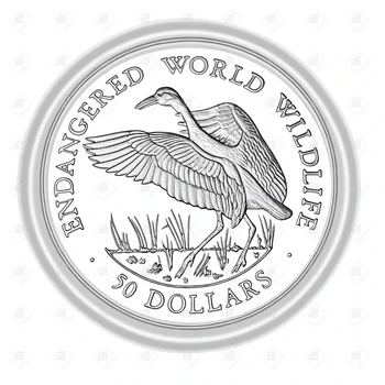 Острова Кука 50 долларов 1990 г. "Вымирающие виды животных - американский журавль", серебро 999, вес 19.8 г.