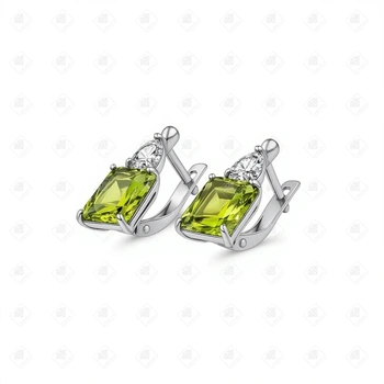 Серьги с Перидотом и Фианитами, серебро I категория 925, вес 3.53 г.
