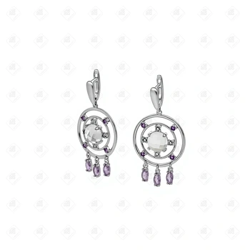 Серьги с Аметистом и Кварцем, серебро II категория 925, вес 10.57 г.