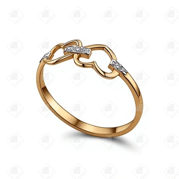 кольцо два сердца с фианитами, золото 375 (9K), вес 0.8 г.