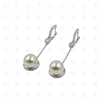 Серьги с Жемчугом и Фианитами, серебро I категория 925, вес 7.88 г.
