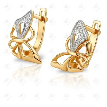 Серьги "Бабочки" с фианитами, золото 585 II Категория, вес 2.7 г.